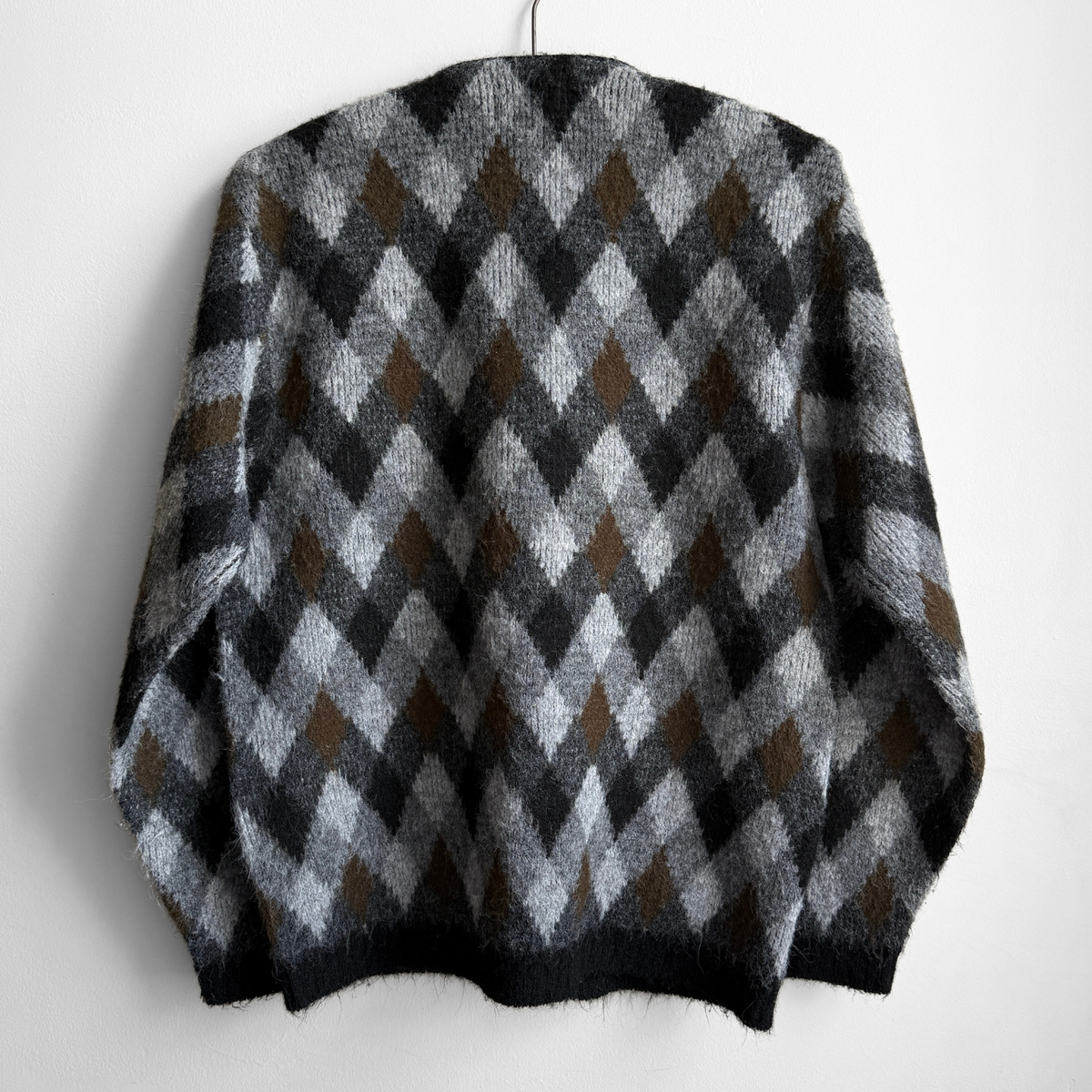 1960s Black & Brown Argyle Acrylic Knit Cardigan