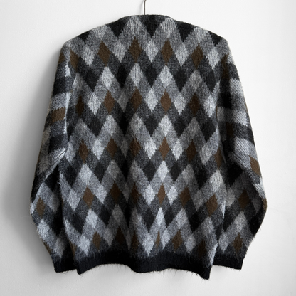 1960s Black & Brown Argyle Acrylic Knit Cardigan