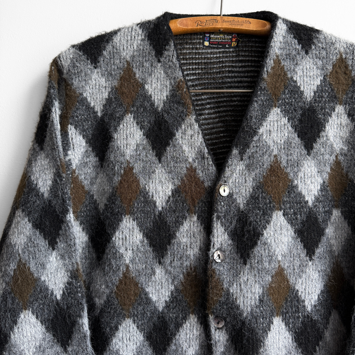 1960s Black & Brown Argyle Acrylic Knit Cardigan