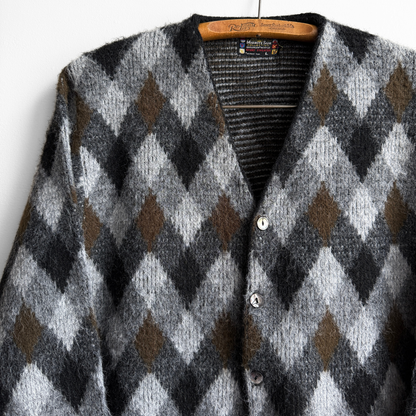 1960s Black & Brown Argyle Acrylic Knit Cardigan