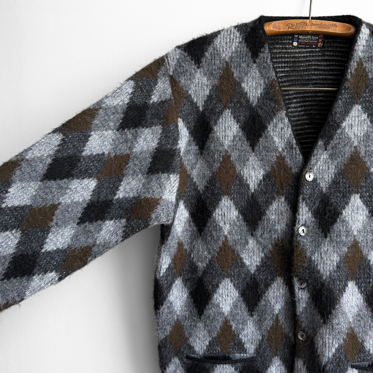 1960s Black & Brown Argyle Acrylic Knit Cardigan