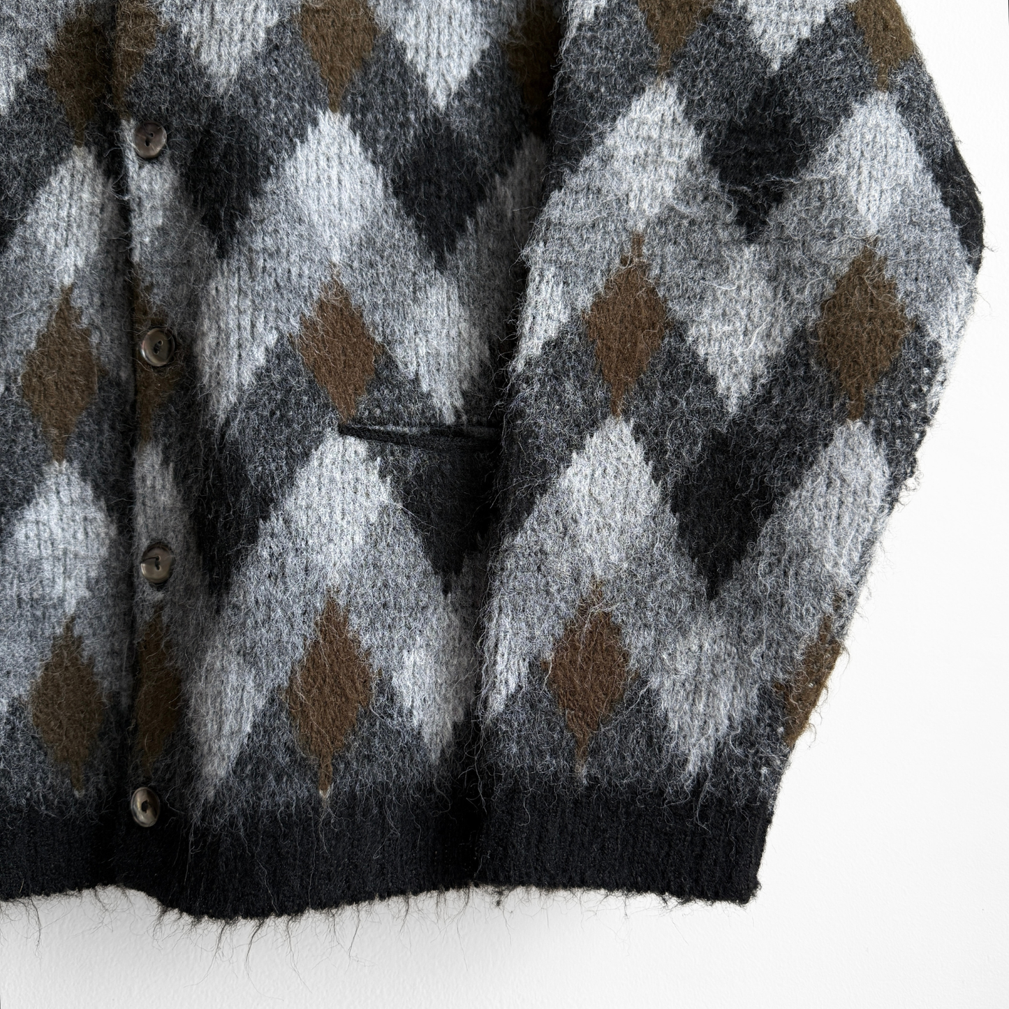 1960s Black & Brown Argyle Acrylic Knit Cardigan