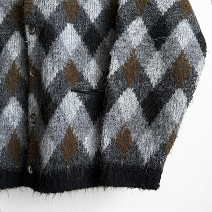 1960s Black & Brown Argyle Acrylic Knit Cardigan