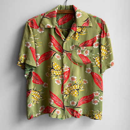 1940s Floral Straw Hat Cold Rayon Hawaiian Shirt