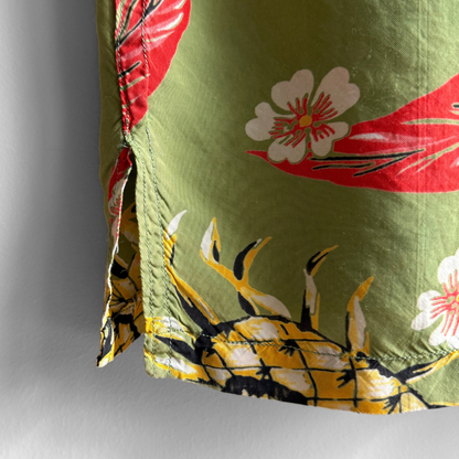 1940s Floral Straw Hat Cold Rayon Hawaiian Shirt