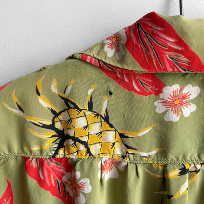 1940s Floral Straw Hat Cold Rayon Hawaiian Shirt
