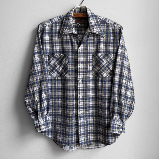 1980s Blue & Green Abstract Plaid Print Flannel Shirt