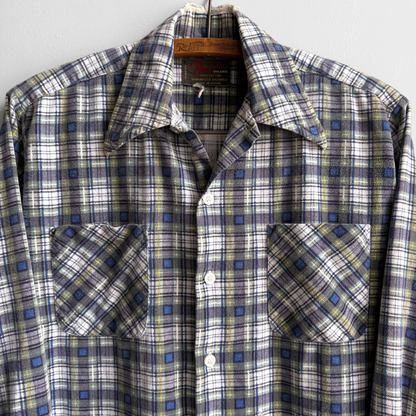 1980s Blue & Green Abstract Plaid Print Flannel Shirt
