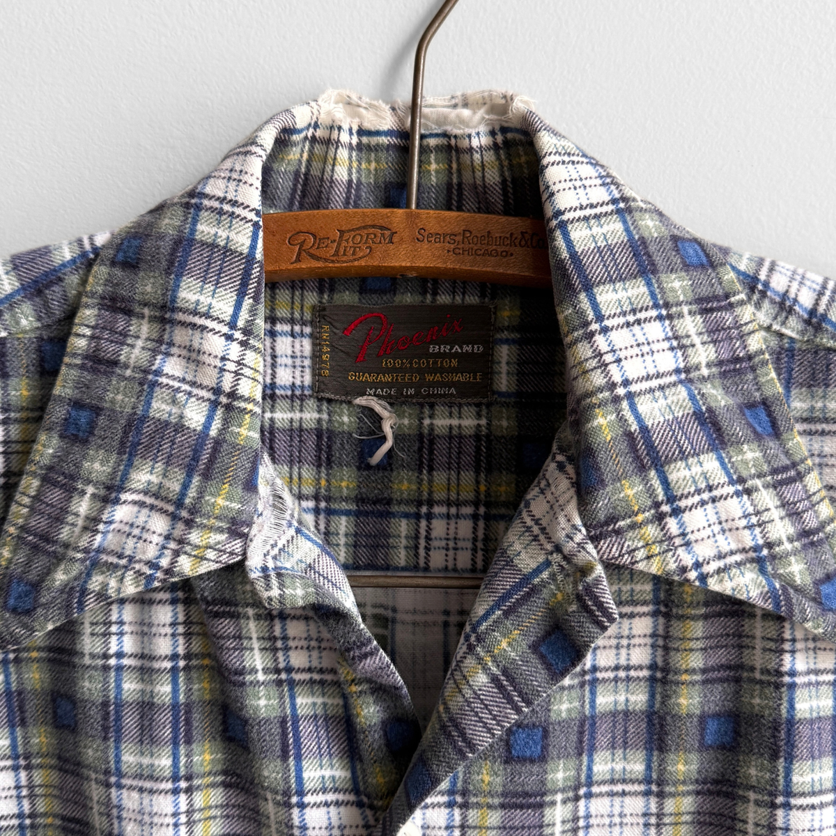 1980s Blue & Green Abstract Plaid Print Flannel Shirt
