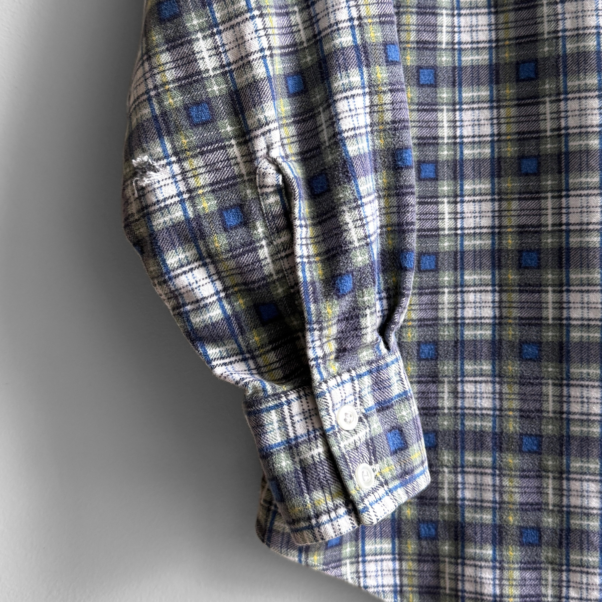 1980s Blue & Green Abstract Plaid Print Flannel Shirt