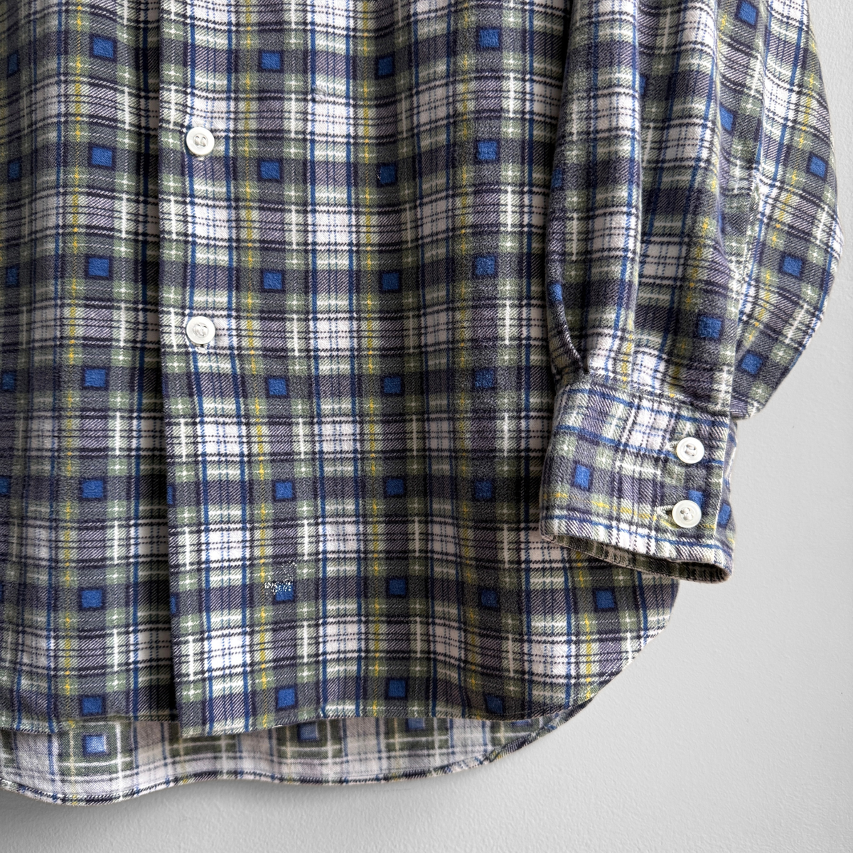 1980s Blue & Green Abstract Plaid Print Flannel Shirt