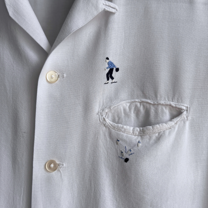 1960s White Embroidered Rayon Sport Shirt