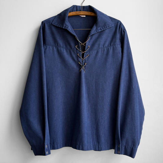 1970s Blue Denim Pullover Lace Up Shirt