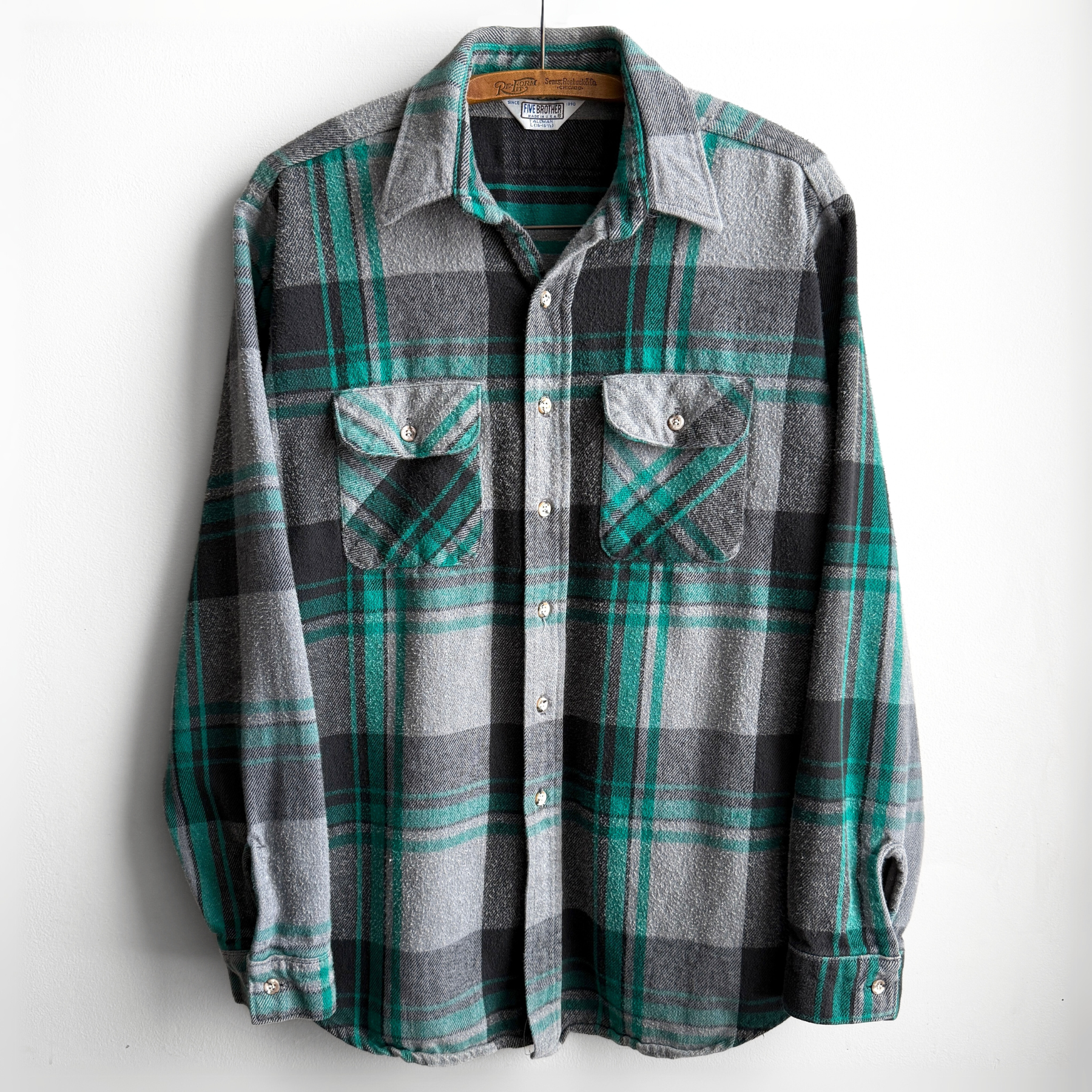 Vintage 1980s Green & Grey Heavy Cotton Plaid Flannel Shirt  - Shop ThreadCount Vintage Co.