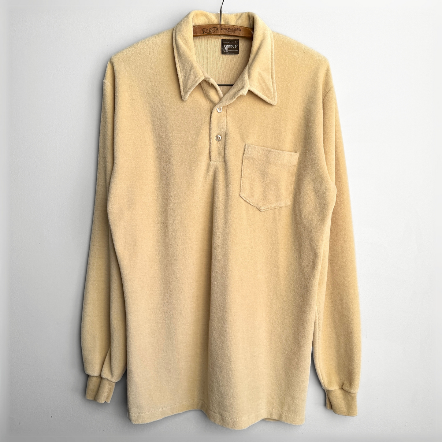 Vintage 1970s Light Yellow Velour Long Sleeve Polo Shirt  - Shop ThreadCount Vintage Co.