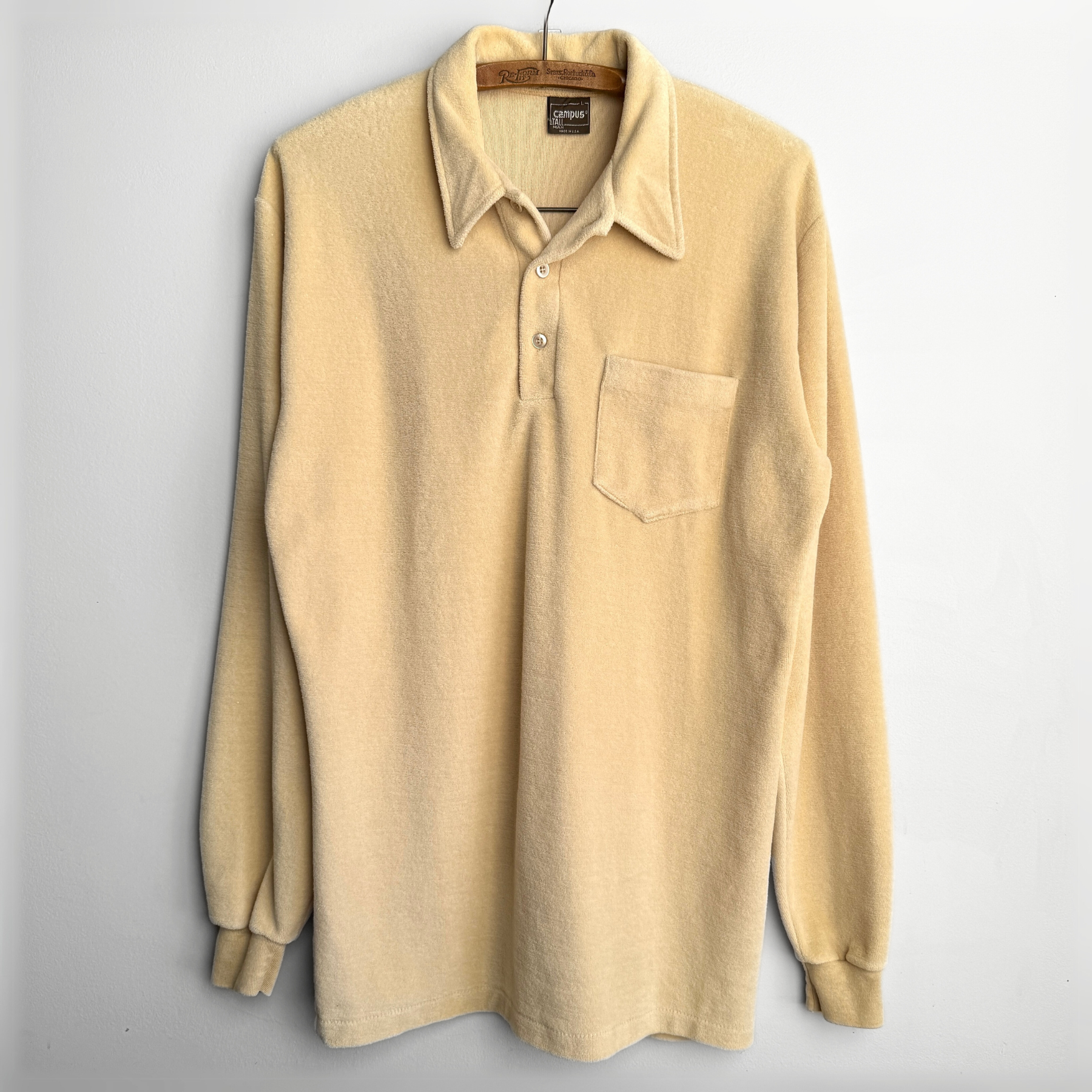 Vintage 1970s Light Yellow Velour Long Sleeve Polo Shirt  - Shop ThreadCount Vintage Co.