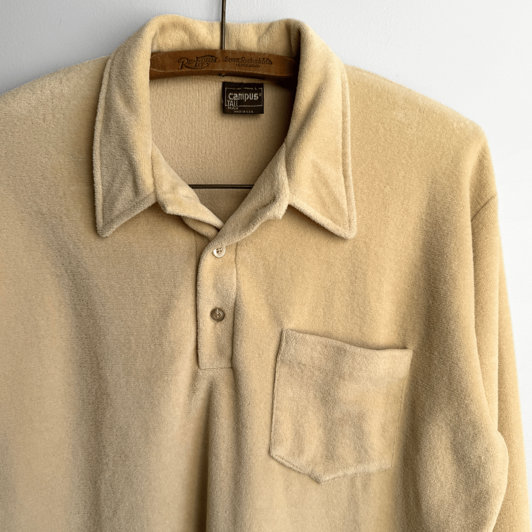 Vintage 1970s Light Yellow Velour Long Sleeve Polo Shirt  - Shop ThreadCount Vintage Co.