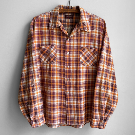 1970s Orange & Burgundy Plaid Flannel Shirt