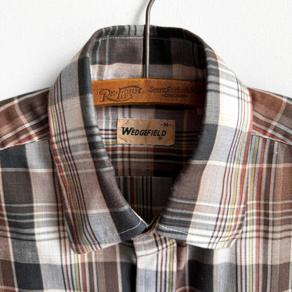 1980s Brown & Black Poly Blend Plaid Button Up Shirt  - Shop ThreadCount Vintage Co.