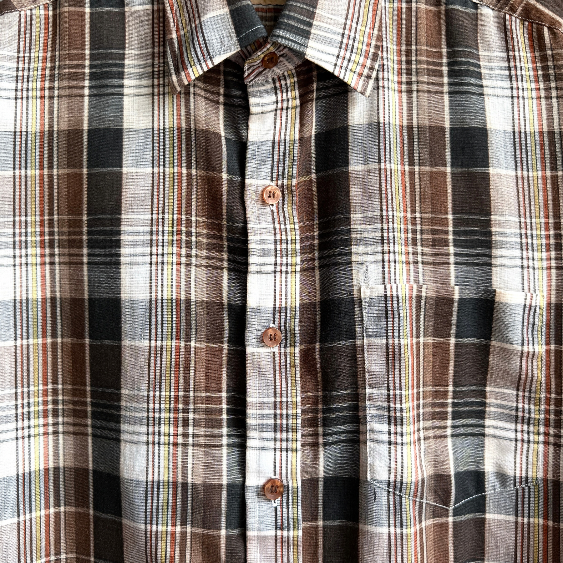 Vintage 1980s Brown & Black Poly Blend Plaid Button Up Shirt  - Shop ThreadCount Vintage Co.
