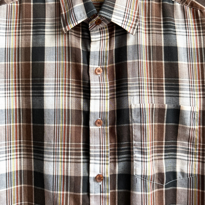 1980s Brown & Black Poly Blend Plaid Button Up Shirt  - Shop ThreadCount Vintage Co.
