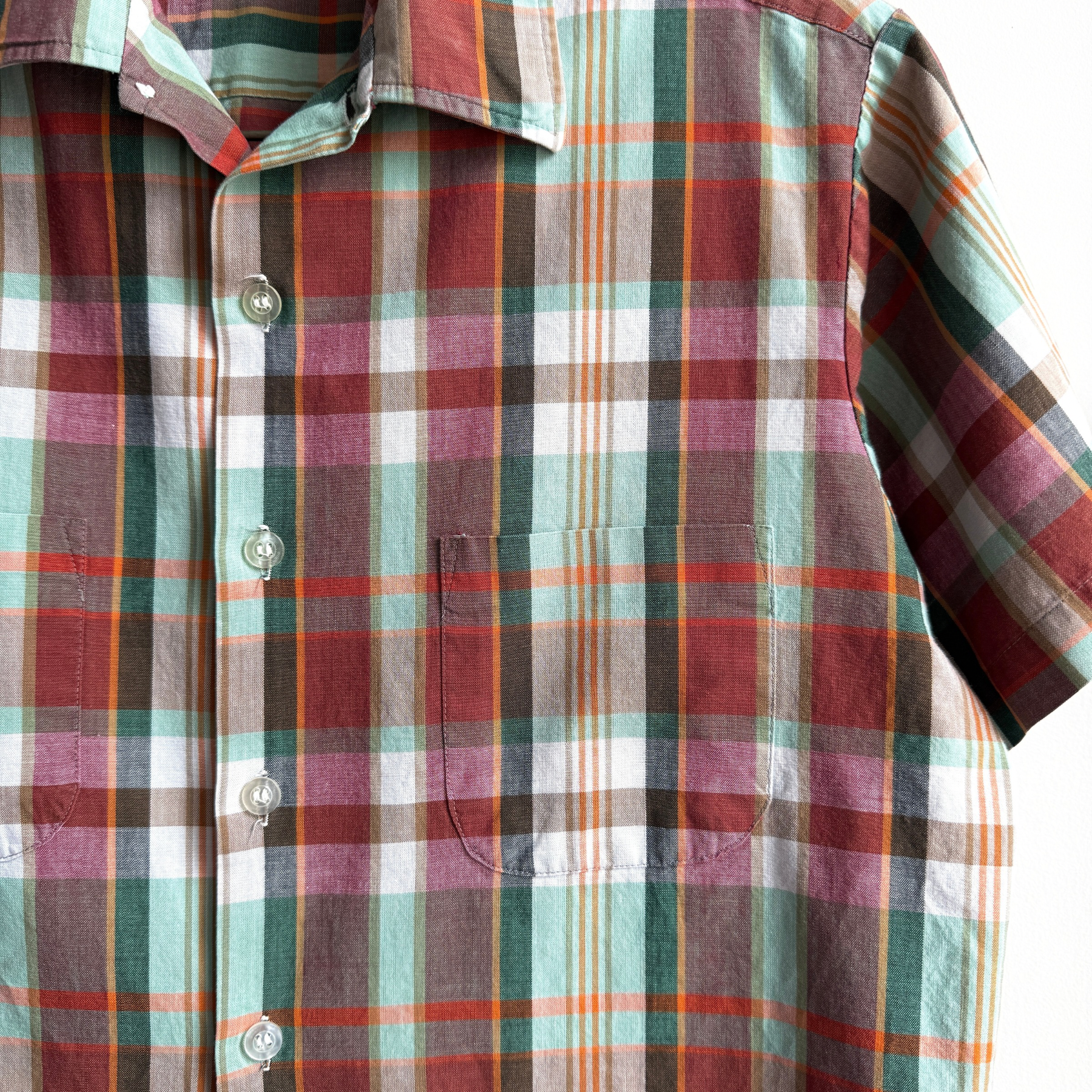 1960s Burgundy Red Plaid Short Sleeve Shirt  - Shop ThreadCount Vintage Co.