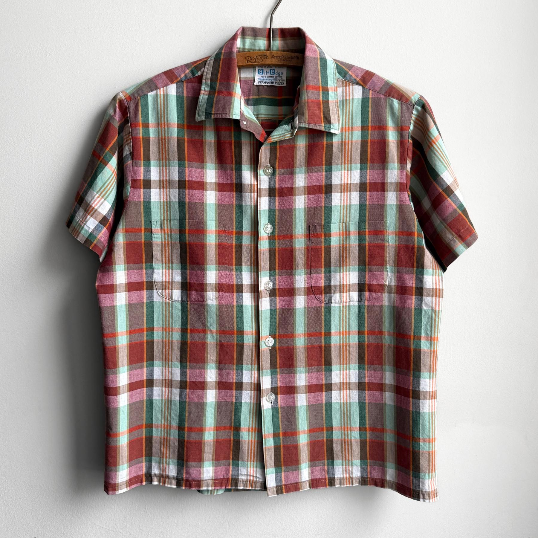 1960s Burgundy Red Plaid Short Sleeve Shirt  - Shop ThreadCount Vintage Co.