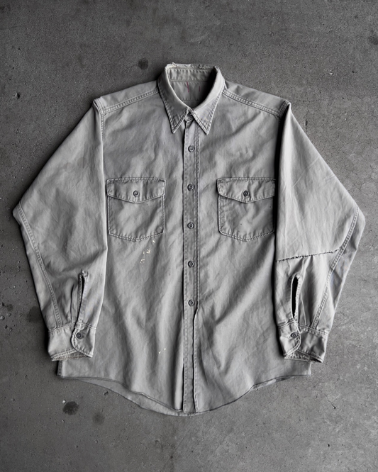 Vintage 1950s Grey Cotton Twill Repaired Work Shirt  - Shop ThreadCount Vintage Co.