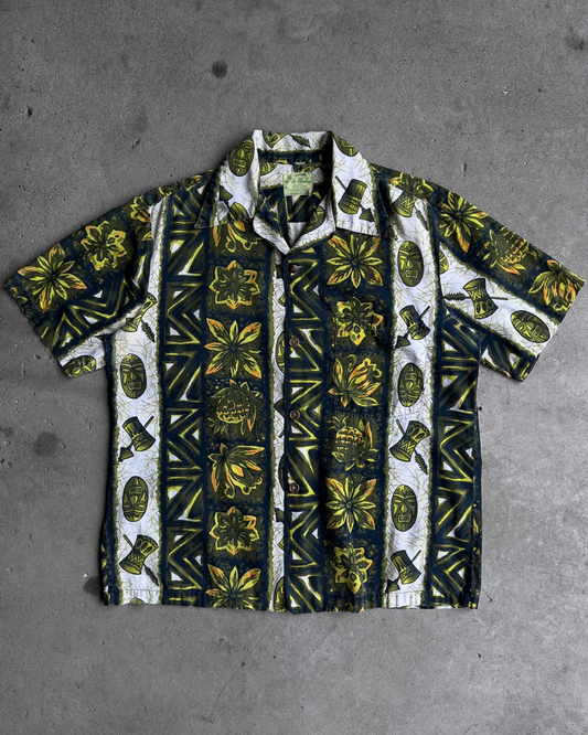 Vintage 1960s Green Tiki Print Cotton Hawaiian Shirt  - Shop ThreadCount Vintage Co.