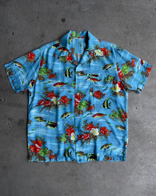 Vintage 1970s Floral Fish Print Rayon Hawaiian Shirt  - Shop ThreadCount Vintage Co.