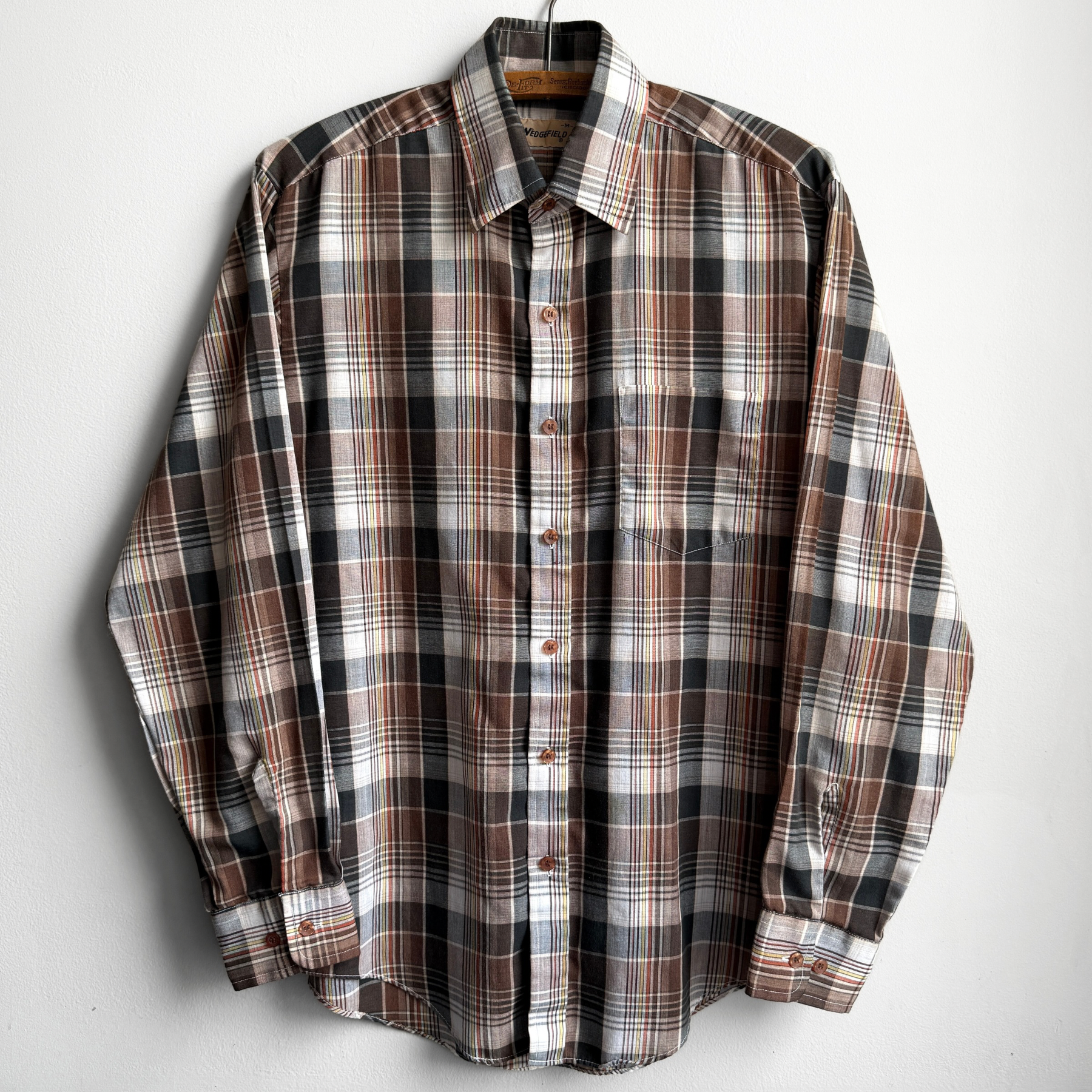 Vintage 1980s Brown & Black Poly Blend Plaid Button Up Shirt  - Shop ThreadCount Vintage Co.