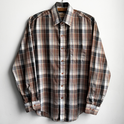 1980s Brown & Black Poly Blend Plaid Button Up Shirt  - Shop ThreadCount Vintage Co.