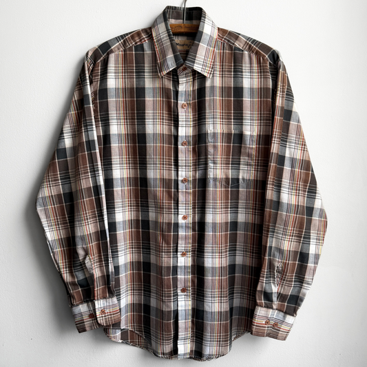 Vintage 1980s Brown & Black Poly Blend Plaid Button Up Shirt  - Shop ThreadCount Vintage Co.