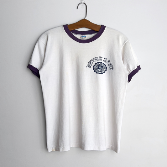 Vintage 1970s Notre Dame University White & Purple Ringer Tee  - Shop ThreadCount Vintage Co.