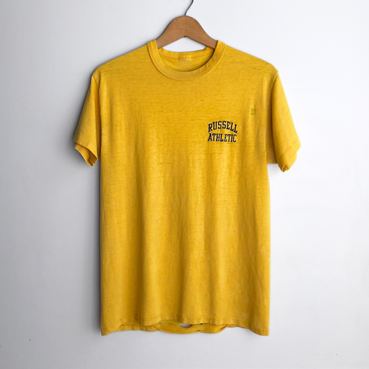 Vintage 1980s Russell Athletic Yellow Faded & Distressed Tee  - Shop ThreadCount Vintage Co.