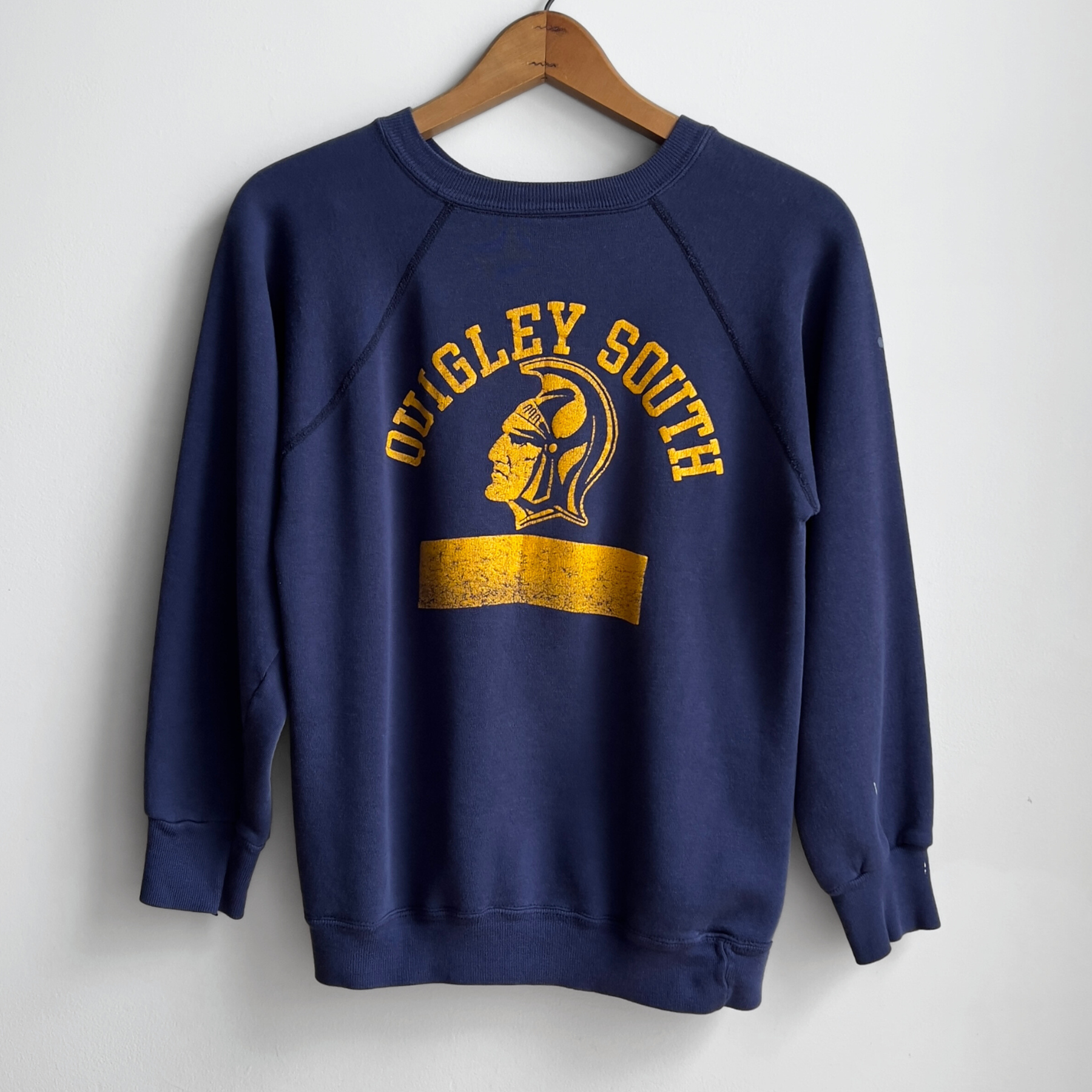 Vintage 1980s Quigley South High School Navy Blue Raglan Sweatshirt  - Shop ThreadCount Vintage Co.