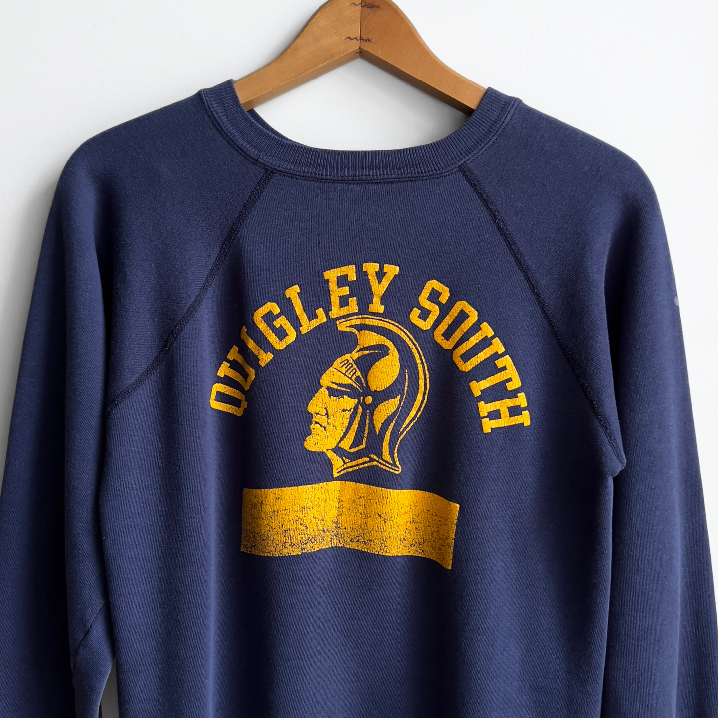 Vintage 1980s Quigley South High School Navy Blue Raglan Sweatshirt  - Shop ThreadCount Vintage Co.