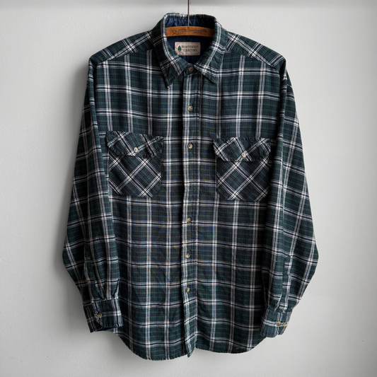 1980s Green & White Acrylic Plaid Flannel Shirt