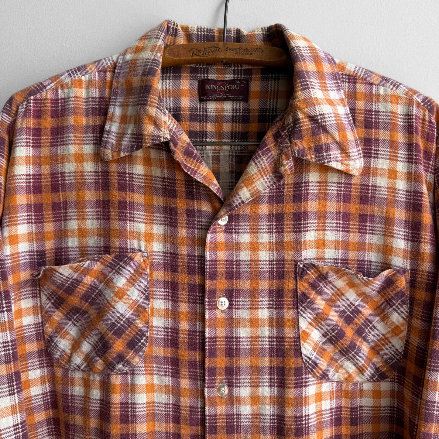 1970s Orange & Burgundy Plaid Flannel Shirt