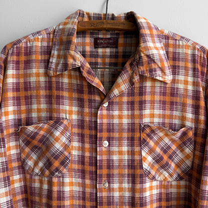 1970s Orange & Burgundy Plaid Flannel Shirt