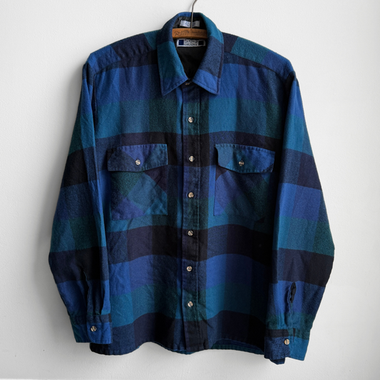 1980s Blue & Green Acrylic Plaid Flannel Shirt