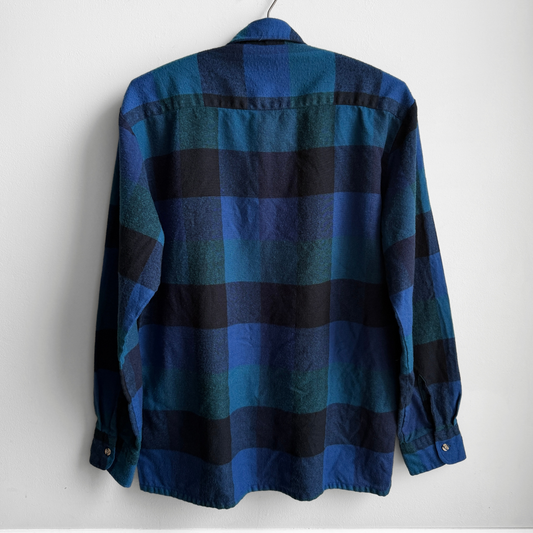 1980s Blue & Green Acrylic Plaid Flannel Shirt