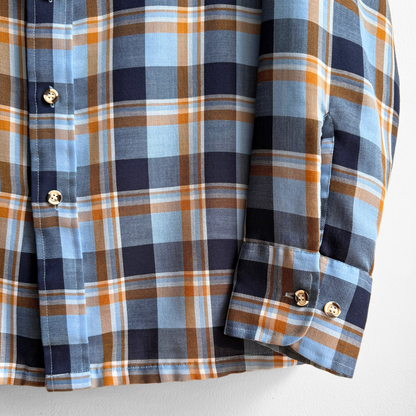 1970s Blue & Orange Plaid Sport Shirt