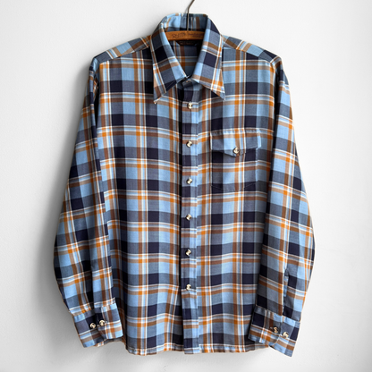 1970s Blue & Orange Plaid Sport Shirt