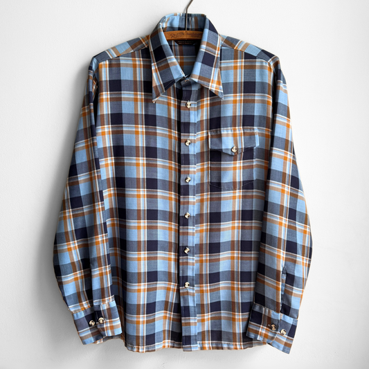 1970s Blue & Orange Plaid Sport Shirt
