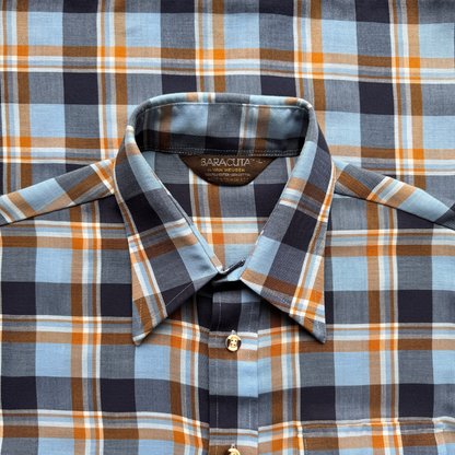 1970s Blue & Orange Plaid Sport Shirt