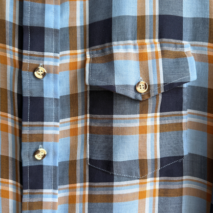 1970s Blue & Orange Plaid Sport Shirt