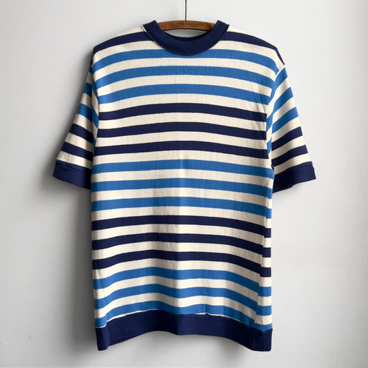 Vintage 1960s The Inn Shop Blue Striped Knit Acrylic Sweater Tee  - Shop ThreadCount Vintage Co.