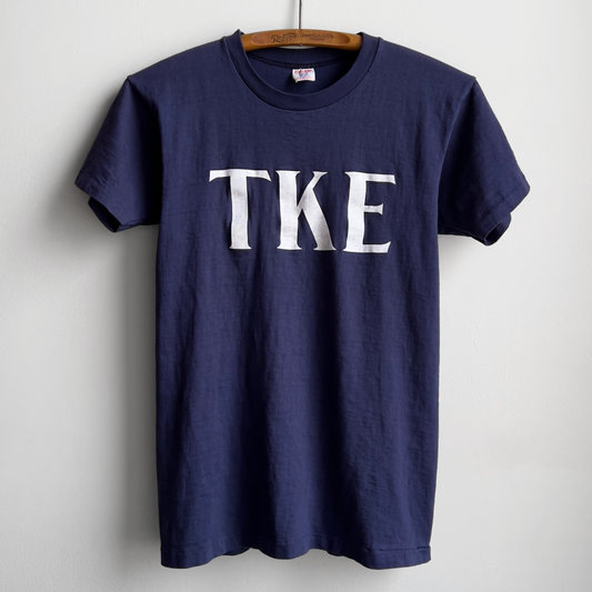 Vintage 1960s Tau Kappa Epsilon Navy Blue Flock Print Cotton Tee  - Shop ThreadCount Vintage Co.