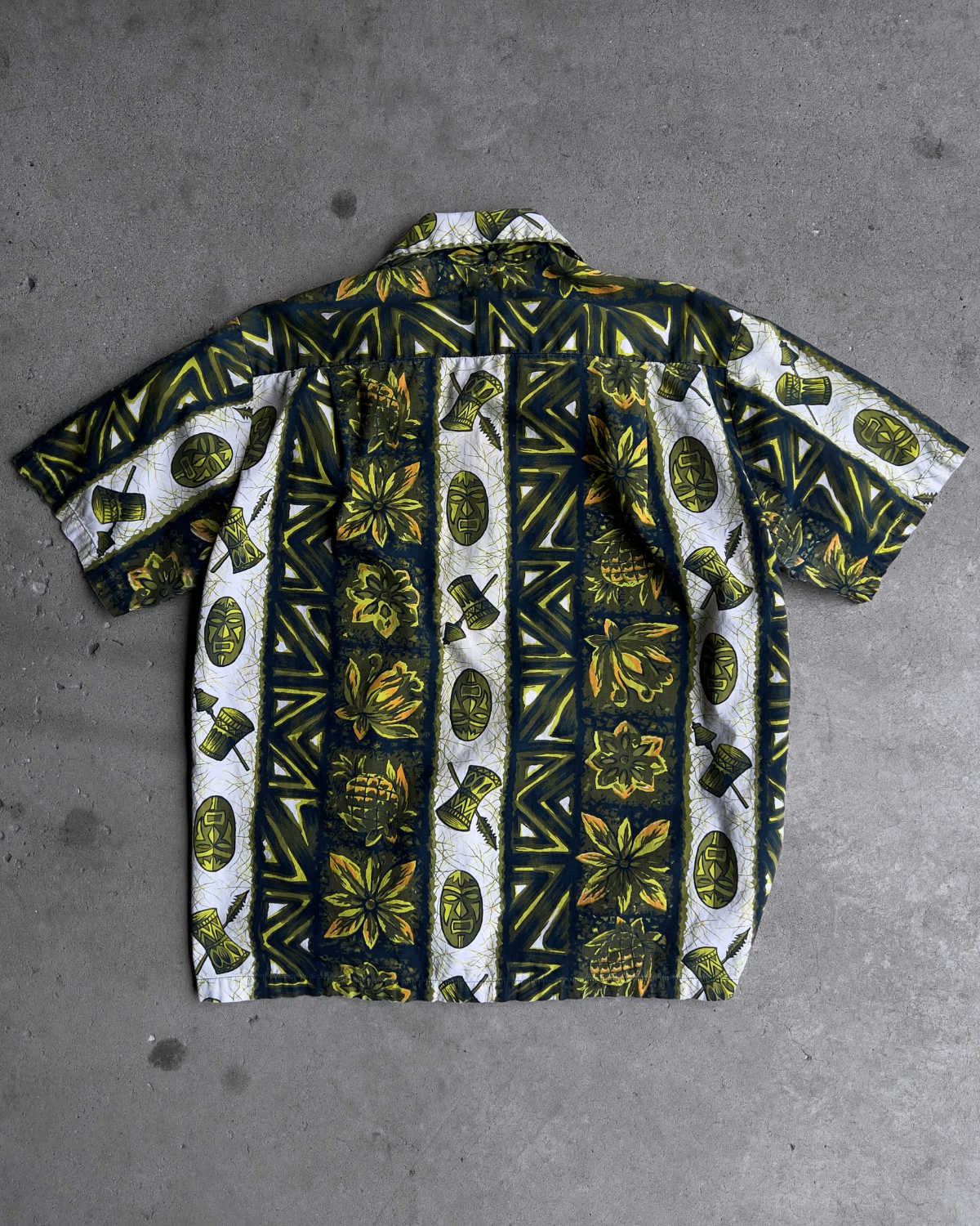 Vintage 1960s Green Tiki Print Cotton Hawaiian Shirt  - Shop ThreadCount Vintage Co.